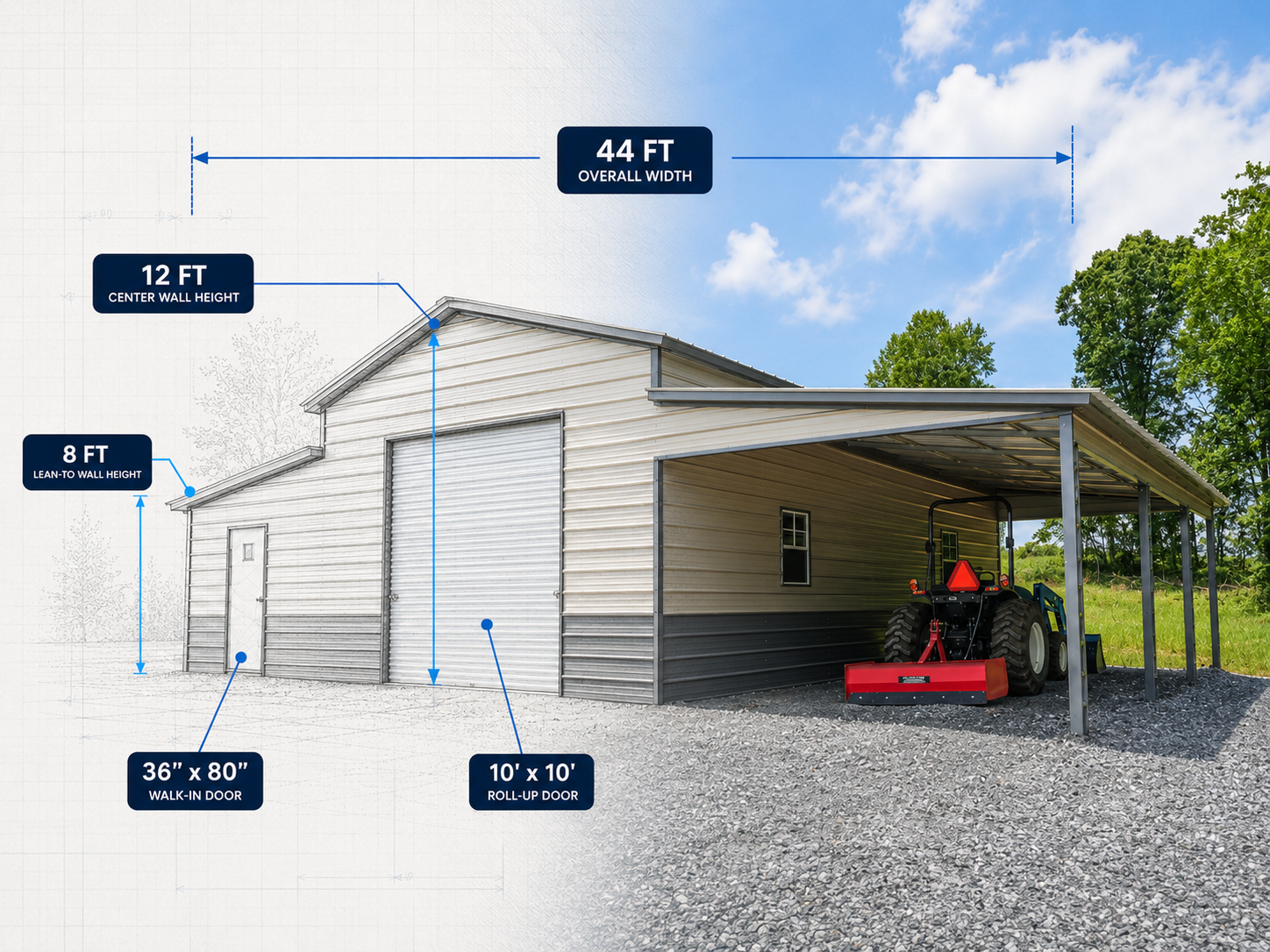 Custom metal building shown in 3D design preview with lean-tos, roll-up door and building dimensions