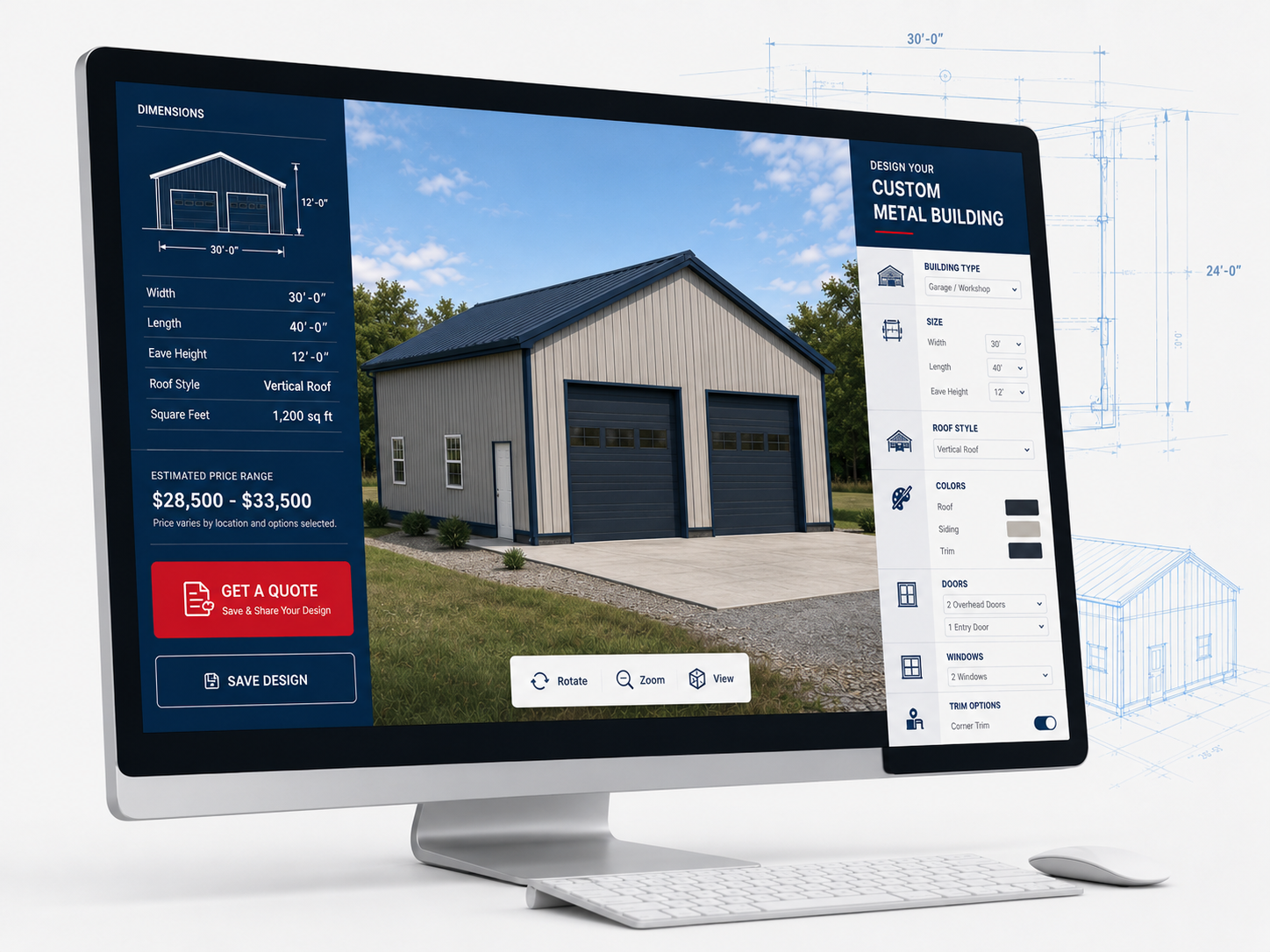 Online 3D metal building designer showing customizable building options