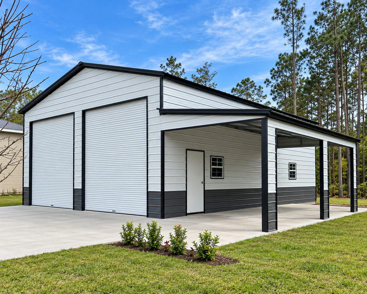 28 x 45 Metal Garage with lean-to